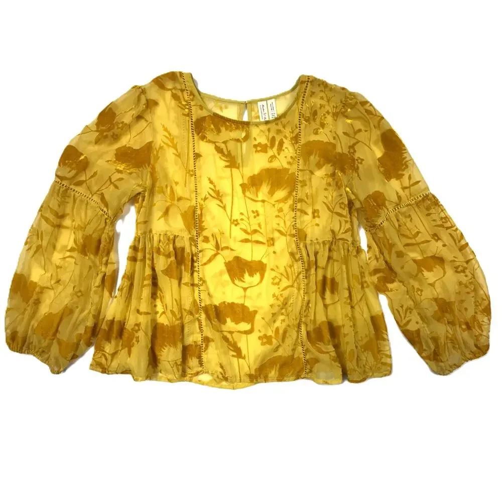 Anthropology Meadow Rue Sheer Velvet Boho Blouse Sz 8 Gold Floral Peasant - Picture 2 of 12